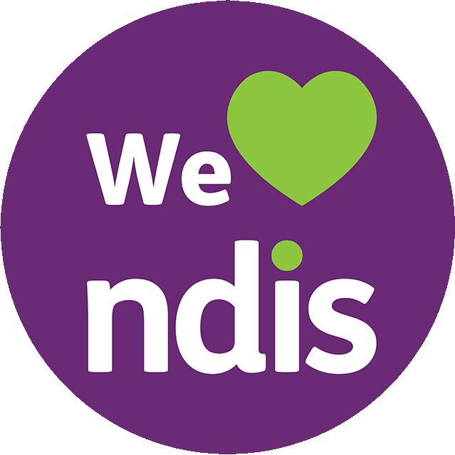 Purple round disc displaying the message We love NDIS